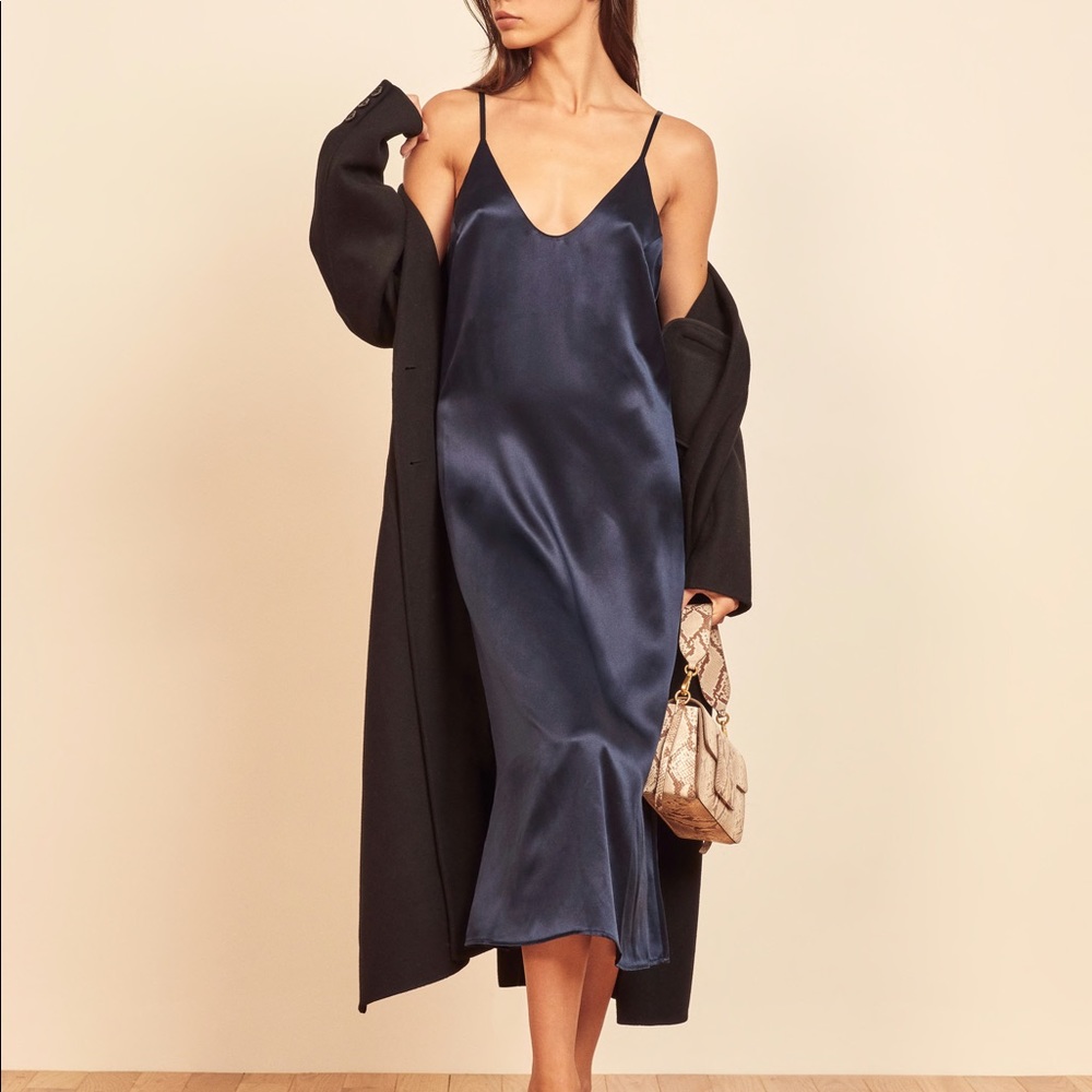 Reformation Sofia Dress Navy Midi Silk Slip Dress